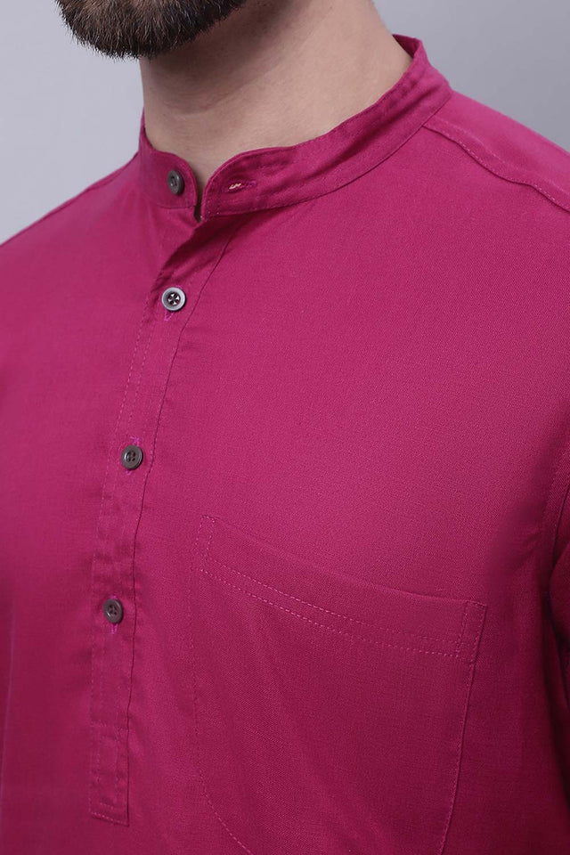 Buy Men's Maroon Cotton Solid Long Kurta Top Online - Side
