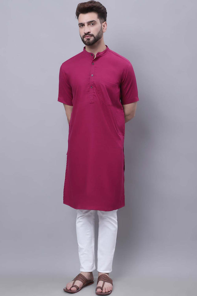 Buy Men's Maroon Cotton Solid Long Kurta Top Online - Zoom Out