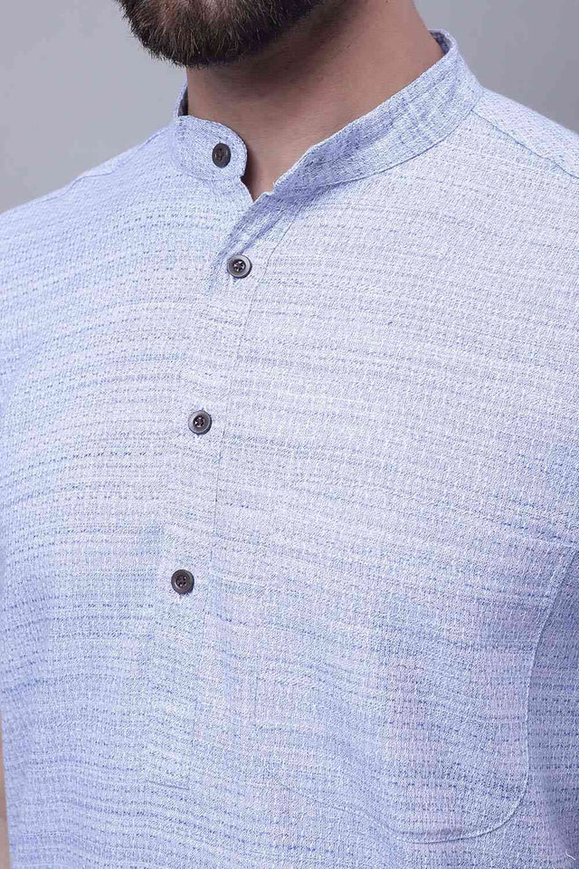 Buy Men's Blue Cotton Solid Long Kurta Top Online - Side