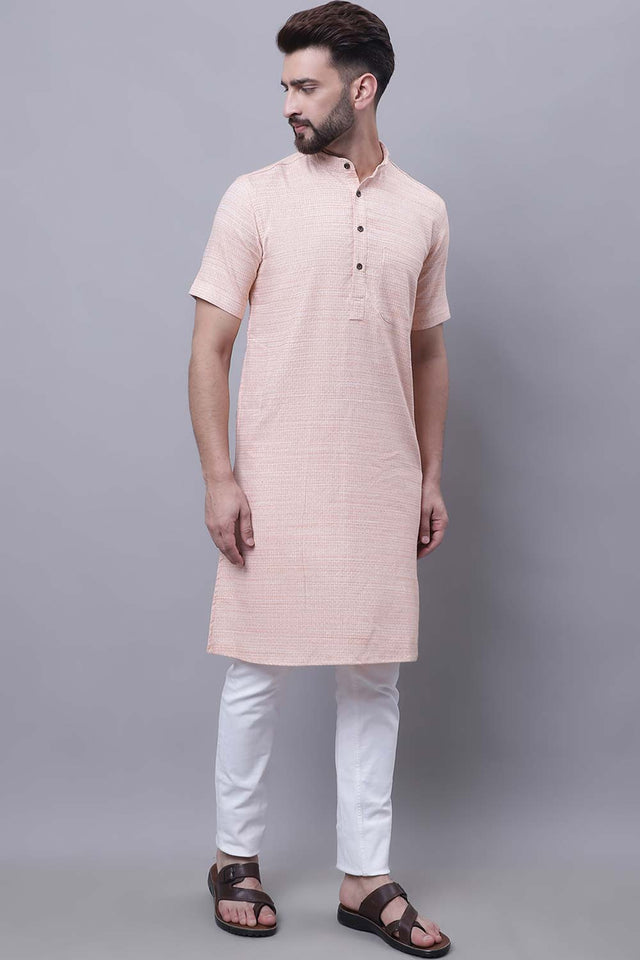 Buy Men's Peach Cotton Solid Long Kurta Top Online - Back