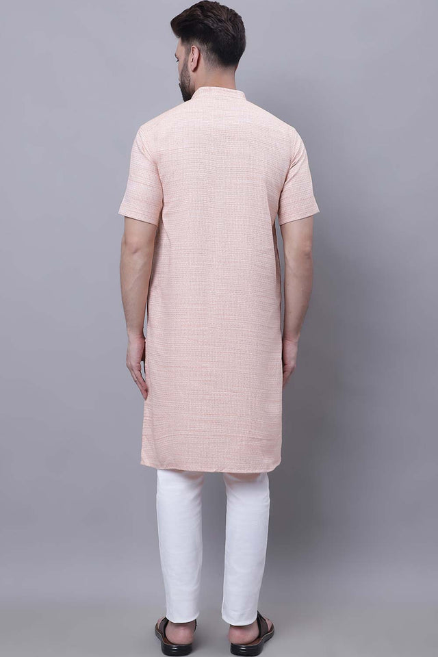Buy Men's Peach Cotton Solid Long Kurta Top Online - Front