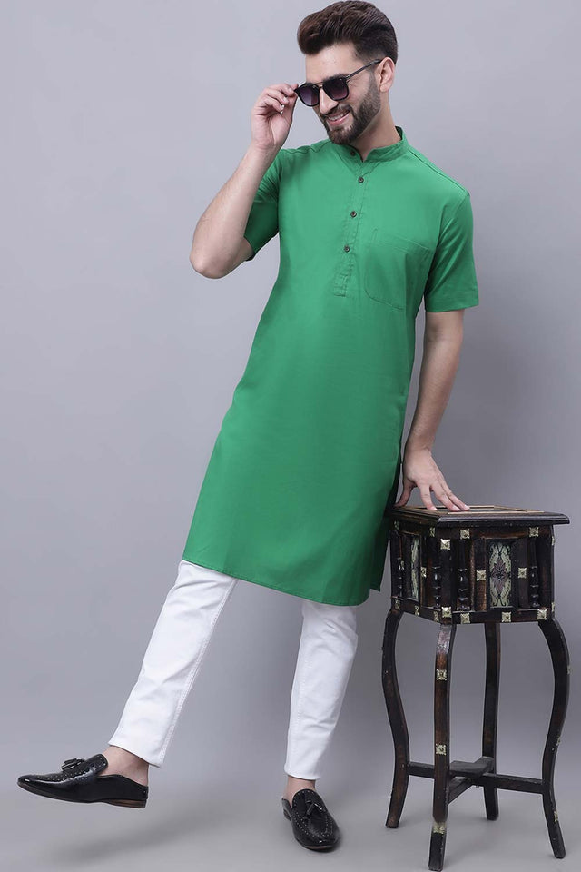 Buy Men's Green Cotton Solid Long Kurta Top Online - Zoom In