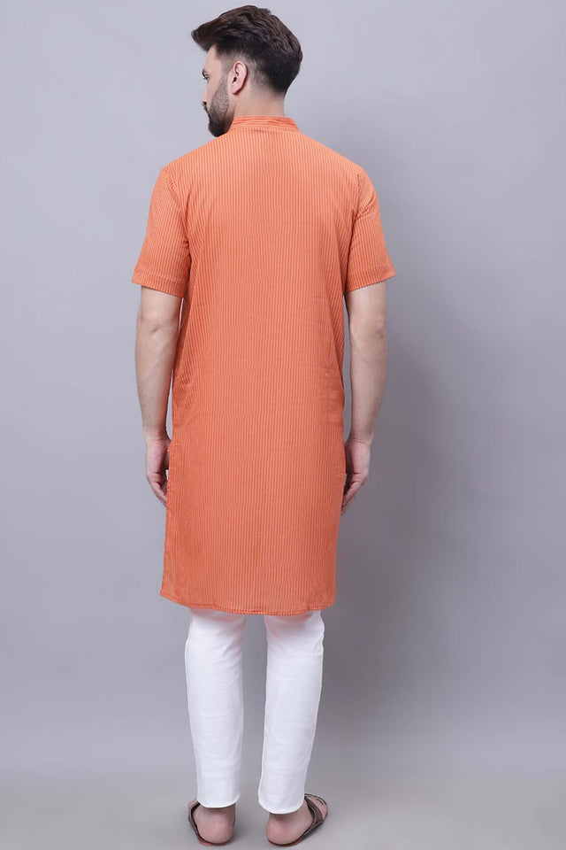Buy Men's Rust Cotton Striped Long Kurta Top Online - Front