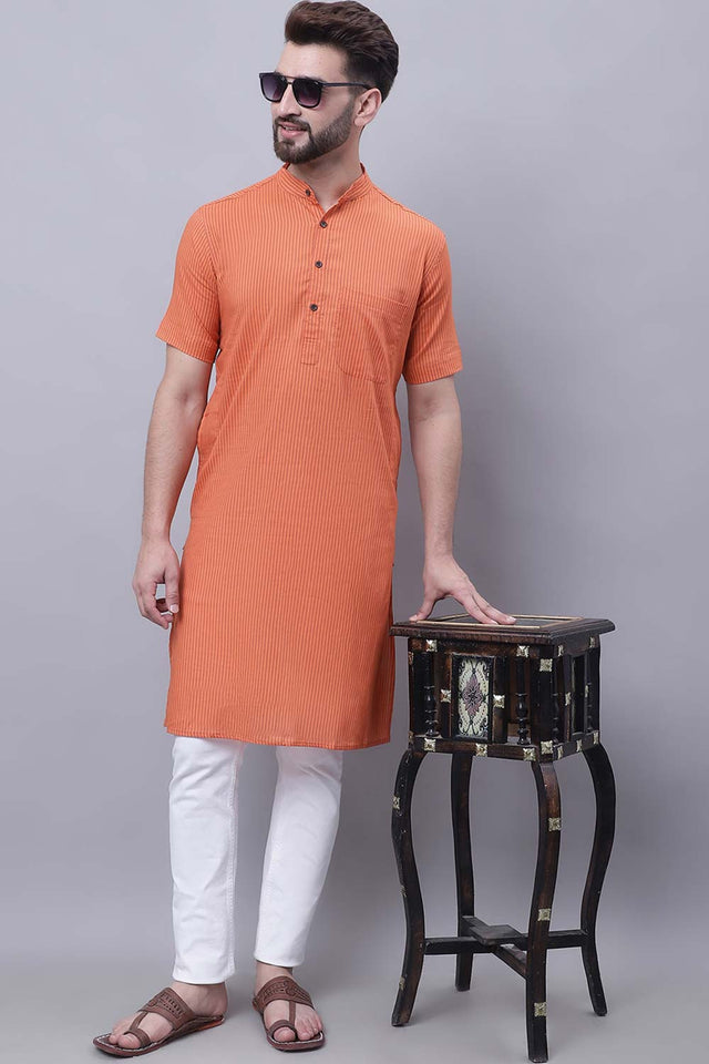 Buy Men's Rust Cotton Striped Long Kurta Top Online - Side