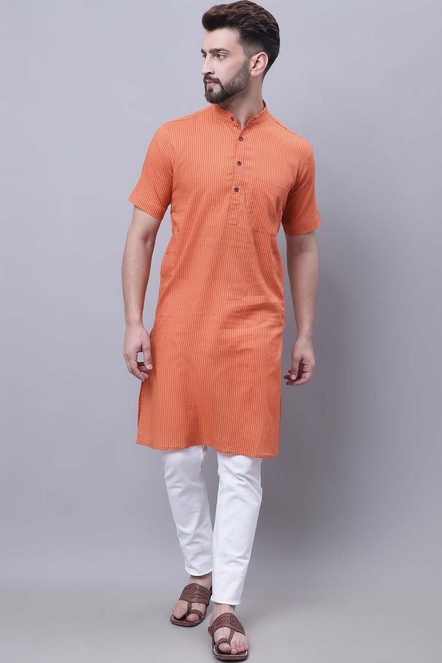 Buy Men's Rust Cotton Striped Long Kurta Top Online