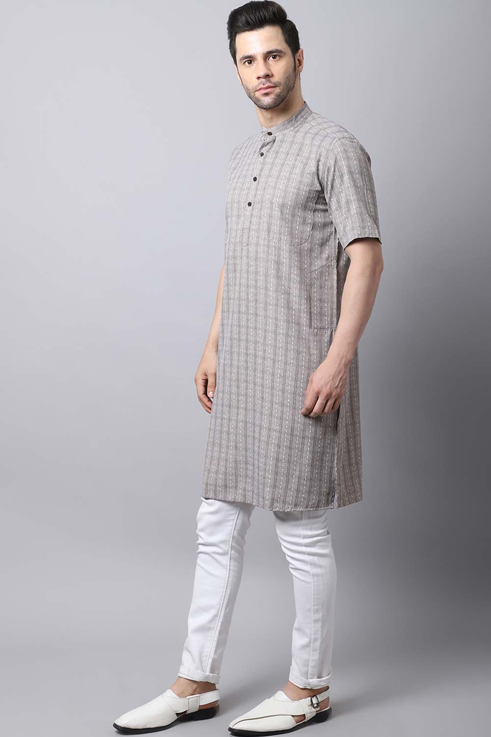 Men's Dark Brown Checks Full Sleeve Long Kurta Top (LHS-STR1162-BRC)