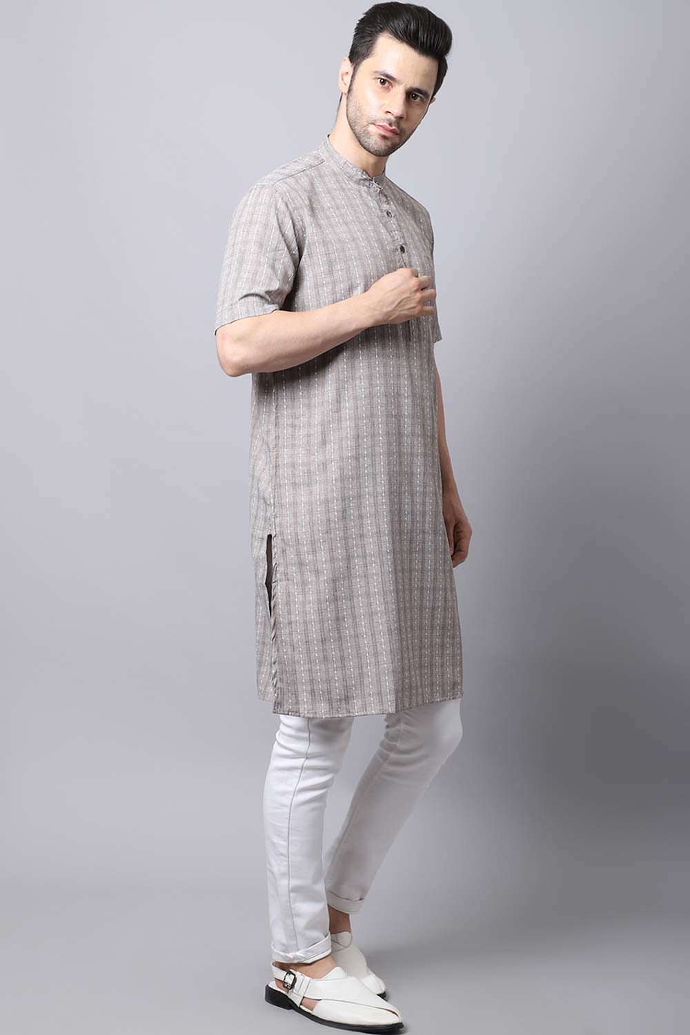 Men's Dark Brown Checks Full Sleeve Long Kurta Top (LHS-STR1162-BRC)