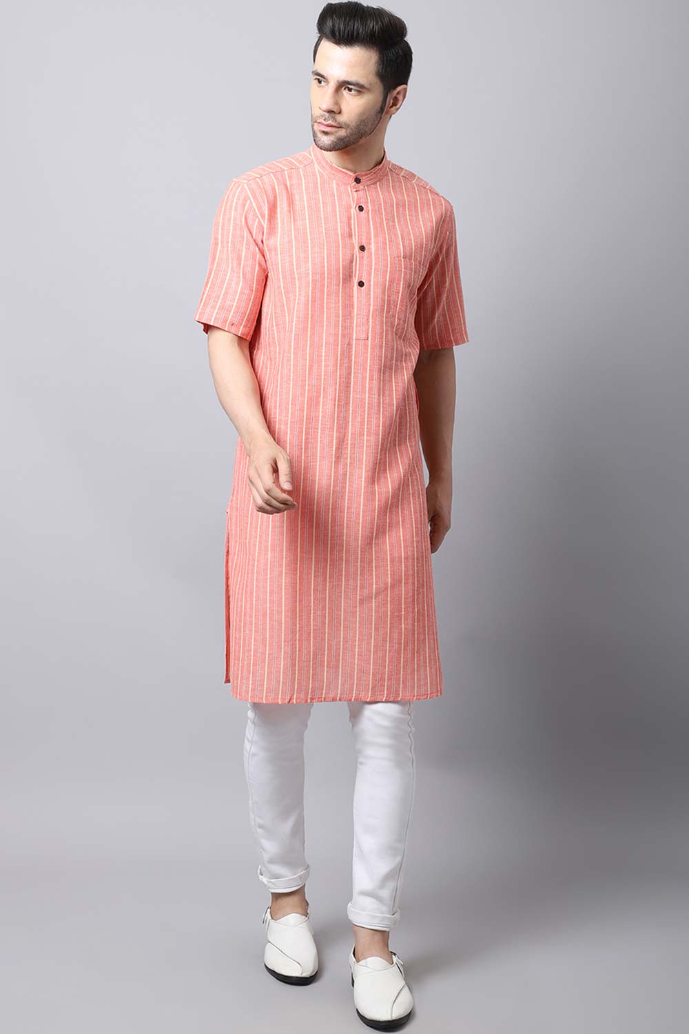 Men's Bright Orange Checks Full Sleeve Long Kurta Top (LHS-STR1171-ORC)