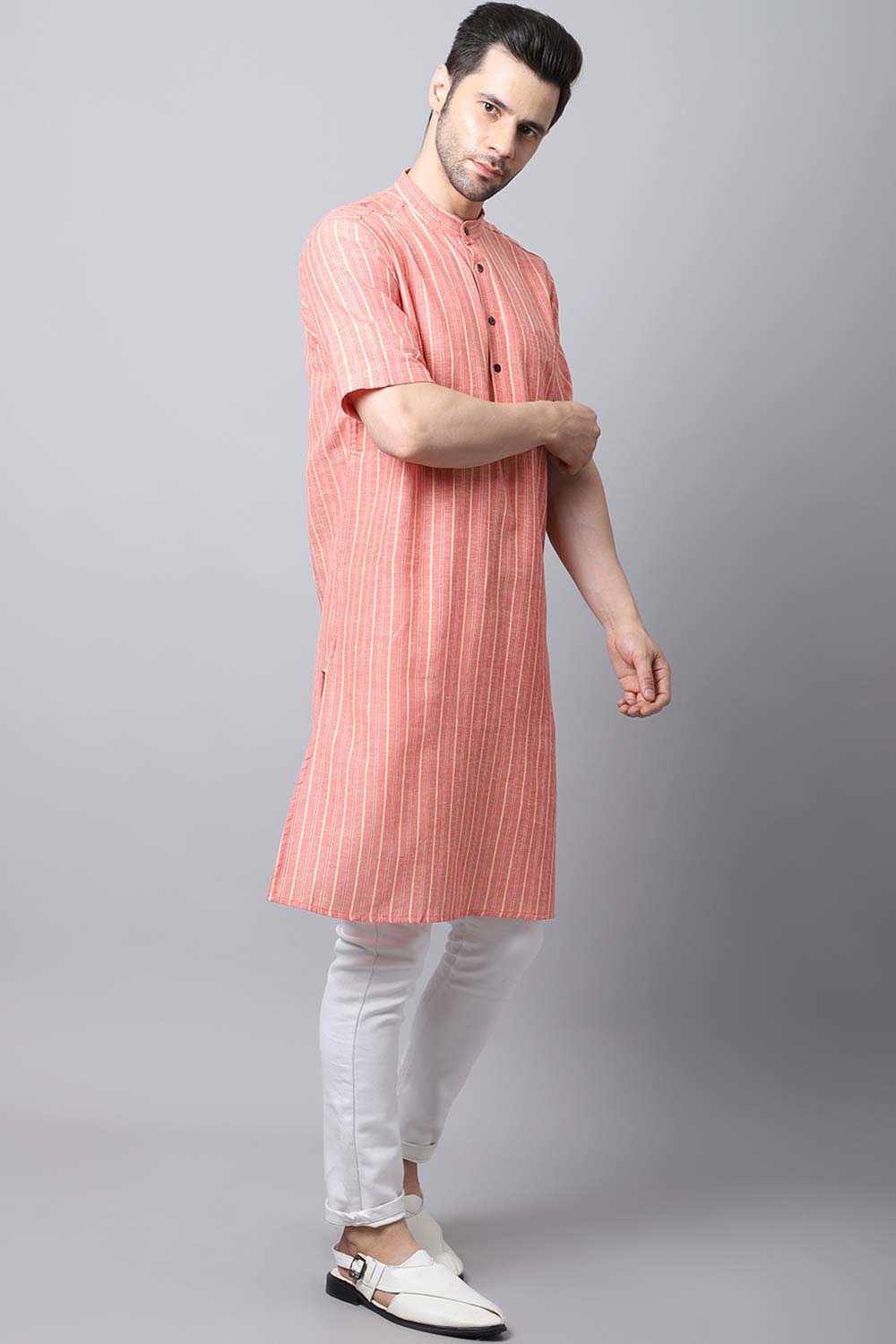 Men's Bright Orange Checks Full Sleeve Long Kurta Top (LHS-STR1171-ORC)