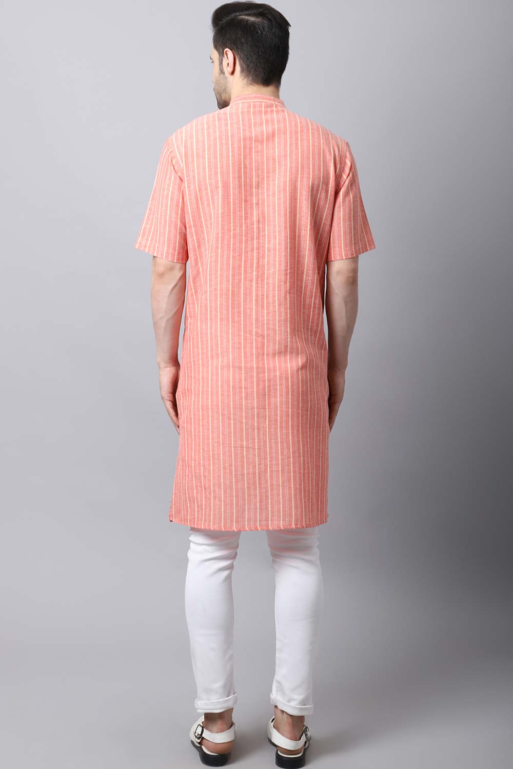 Men's Bright Orange Checks Full Sleeve Long Kurta Top (LHS-STR1171-ORC)