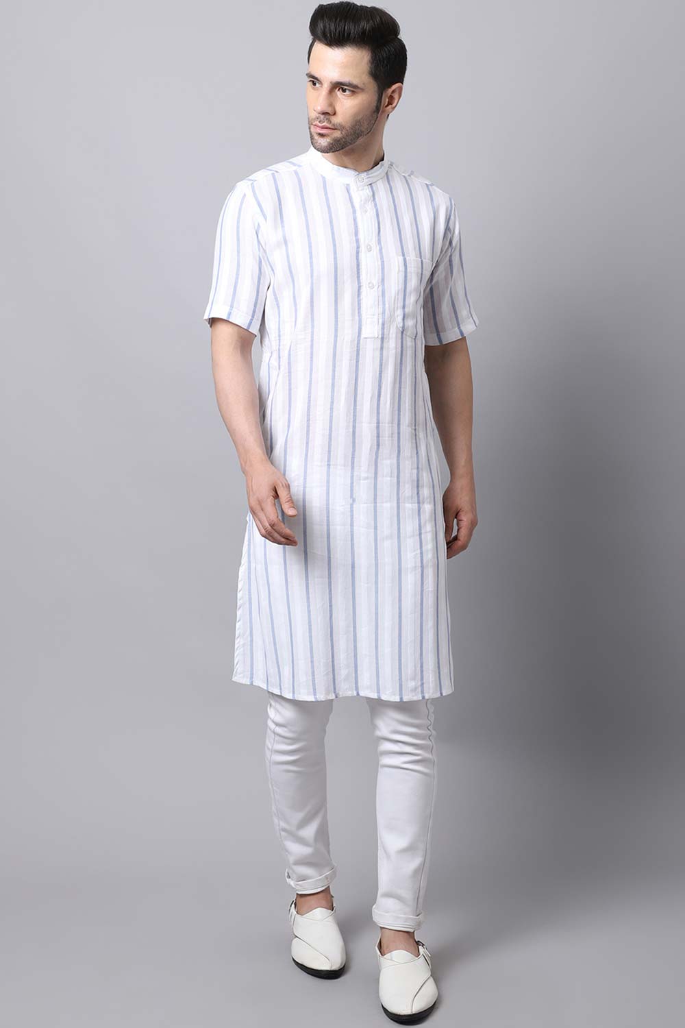 Men's Light White Stripe Full Sleeve Long Kurta Top (LHS-STR1178-WHC)