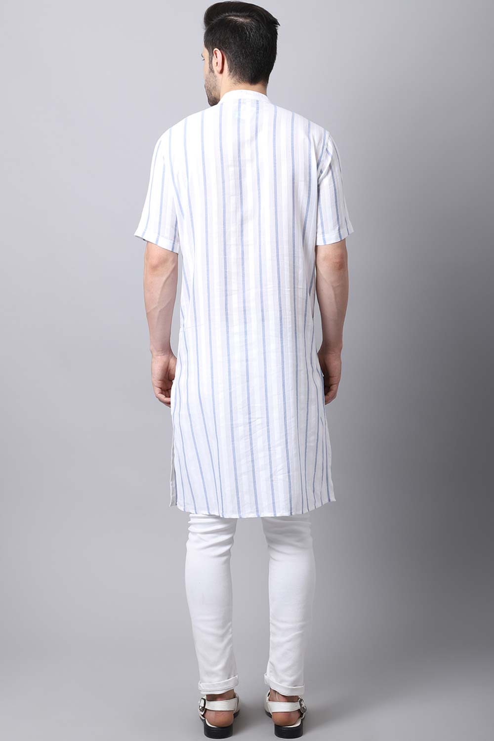 Men's Light White Stripe Full Sleeve Long Kurta Top (LHS-STR1178-WHC)