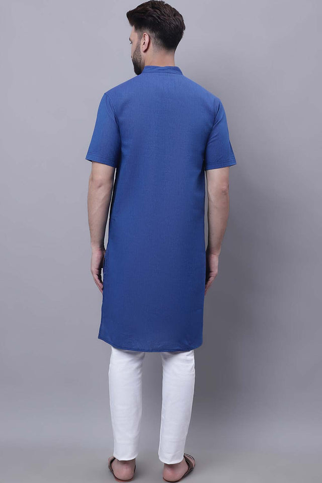 Buy Men's Blue Cotton Striped Long Kurta Top Online - Front