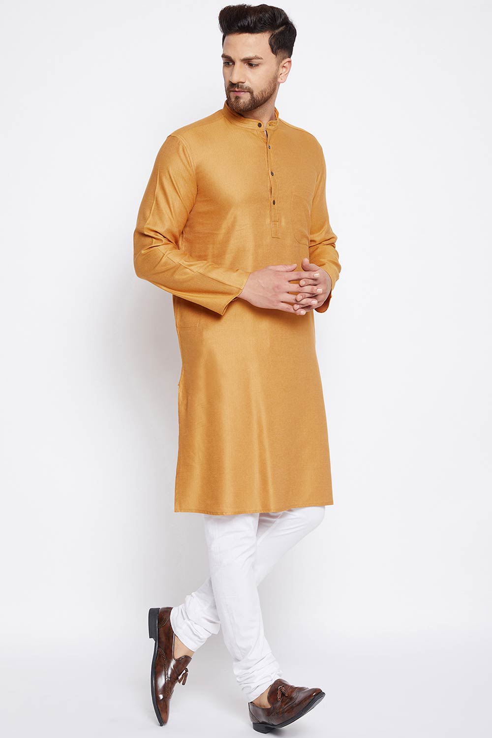 Buy Men's Viscose Solid Kurta in Yellow - Zoom Out