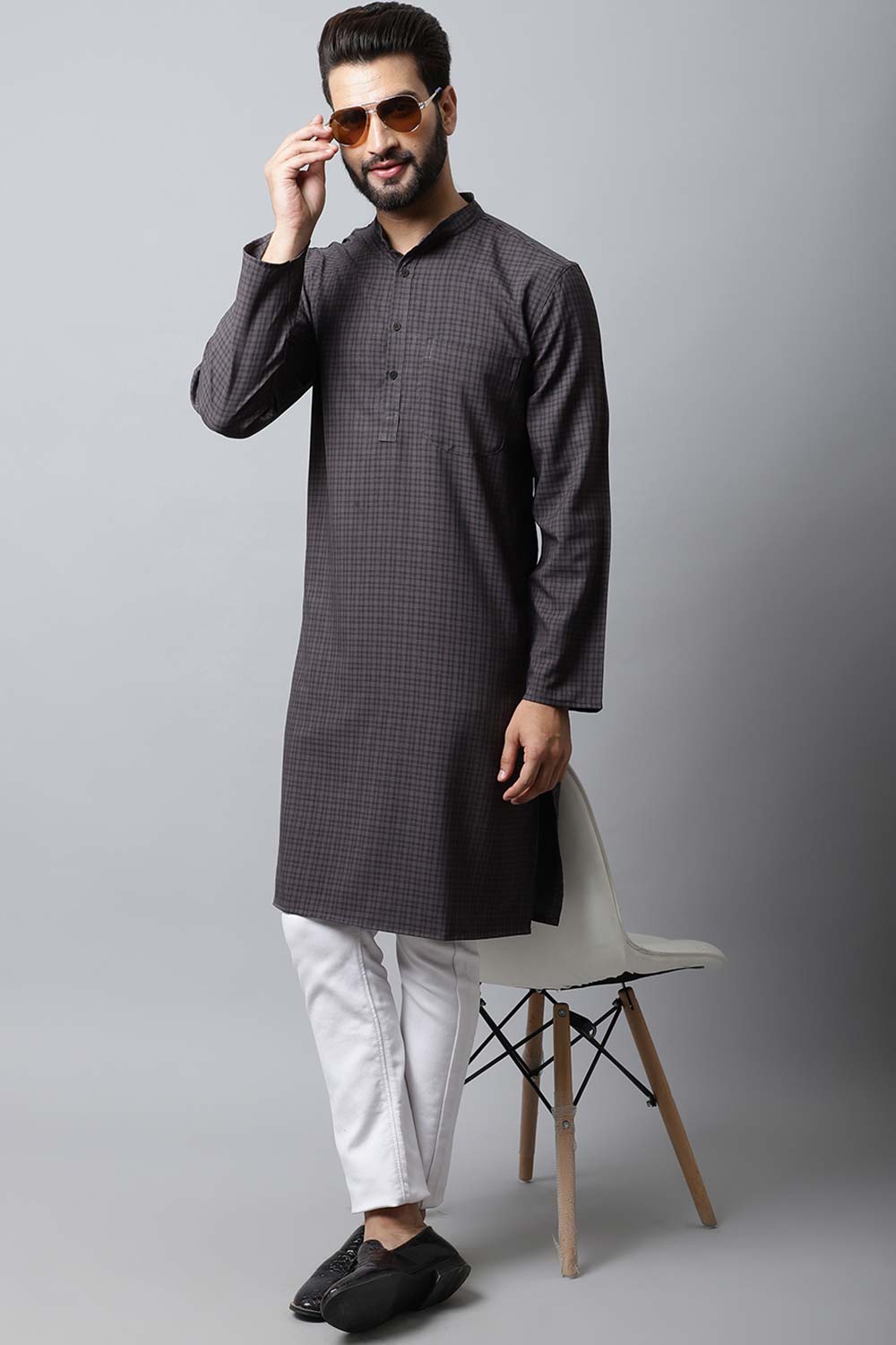 Men's Dark Black Solid Full Sleeve Long Kurta Top