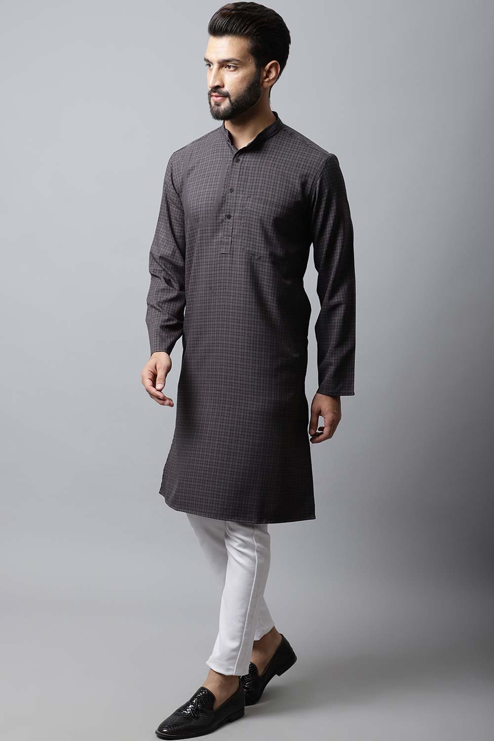 Men's Dark Black Solid Full Sleeve Long Kurta Top