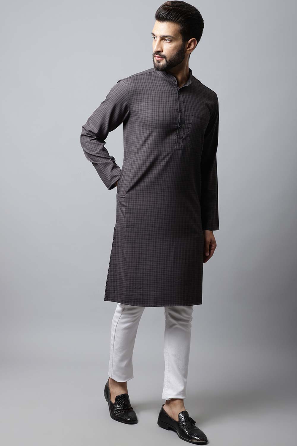 Men's Dark Black Solid Full Sleeve Long Kurta Top