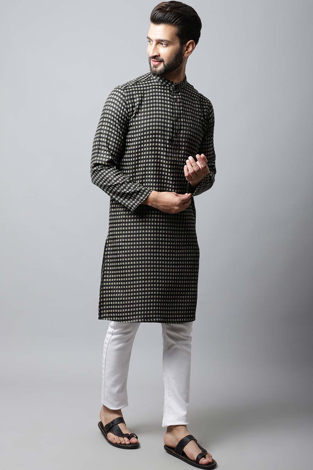 Men's Dark Brown Solid Full Sleeve Kurta Top