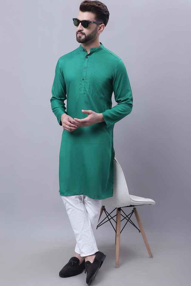 Buy Men's Green Viscose Rayon Solid Long Kurta Top Online - Zoom Out