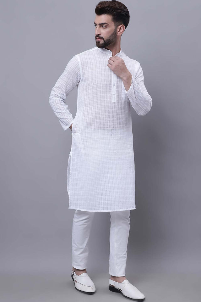 Buy Men's White Cotton Check Print Long Kurta Top Online - Front