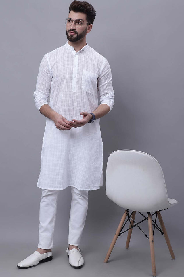 Buy Men's White Cotton Check Print Long Kurta Top Online