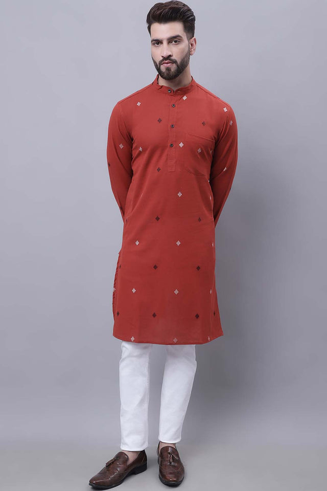 Buy Men's Rust Cotton Abstract Print Long Kurta Top Online