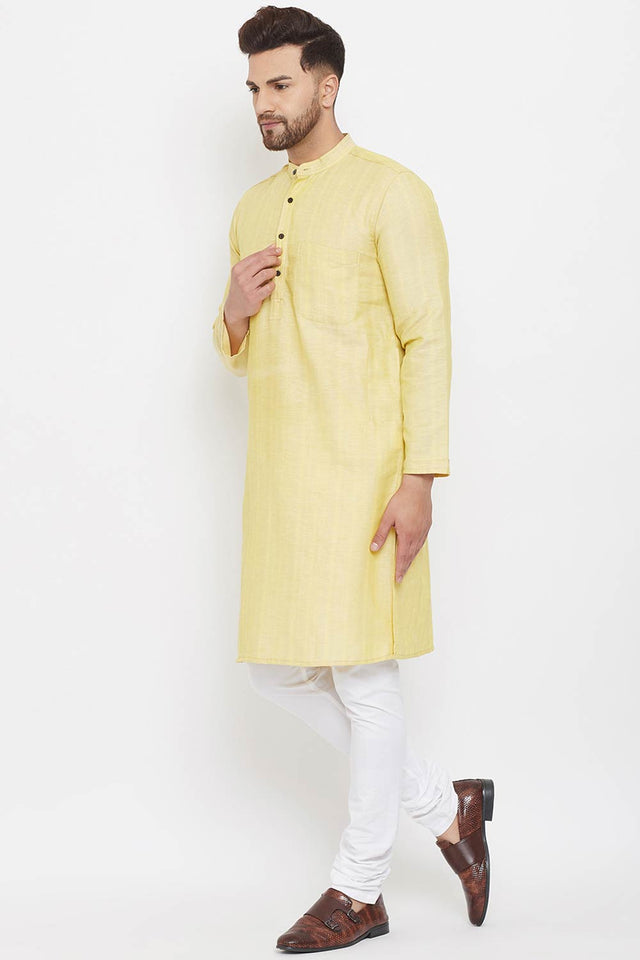 Buy Men's Linen Stripes Kurta in Yellow - Front