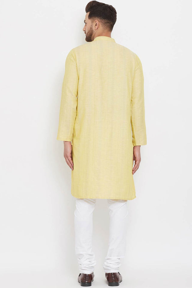 Buy Men's Linen Stripes Kurta in Yellow - Zoom In
