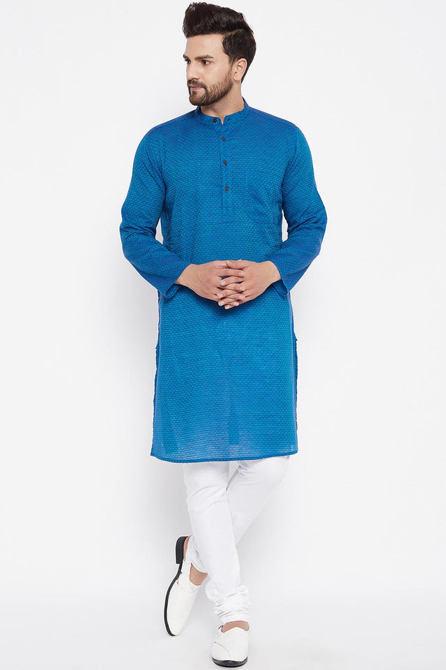 Buy Men's Blended Cotton Solid Kurta in Blue