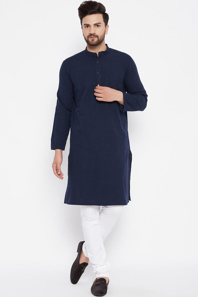 Buy Men's Blended Cotton Stripes Kurta in Blue
