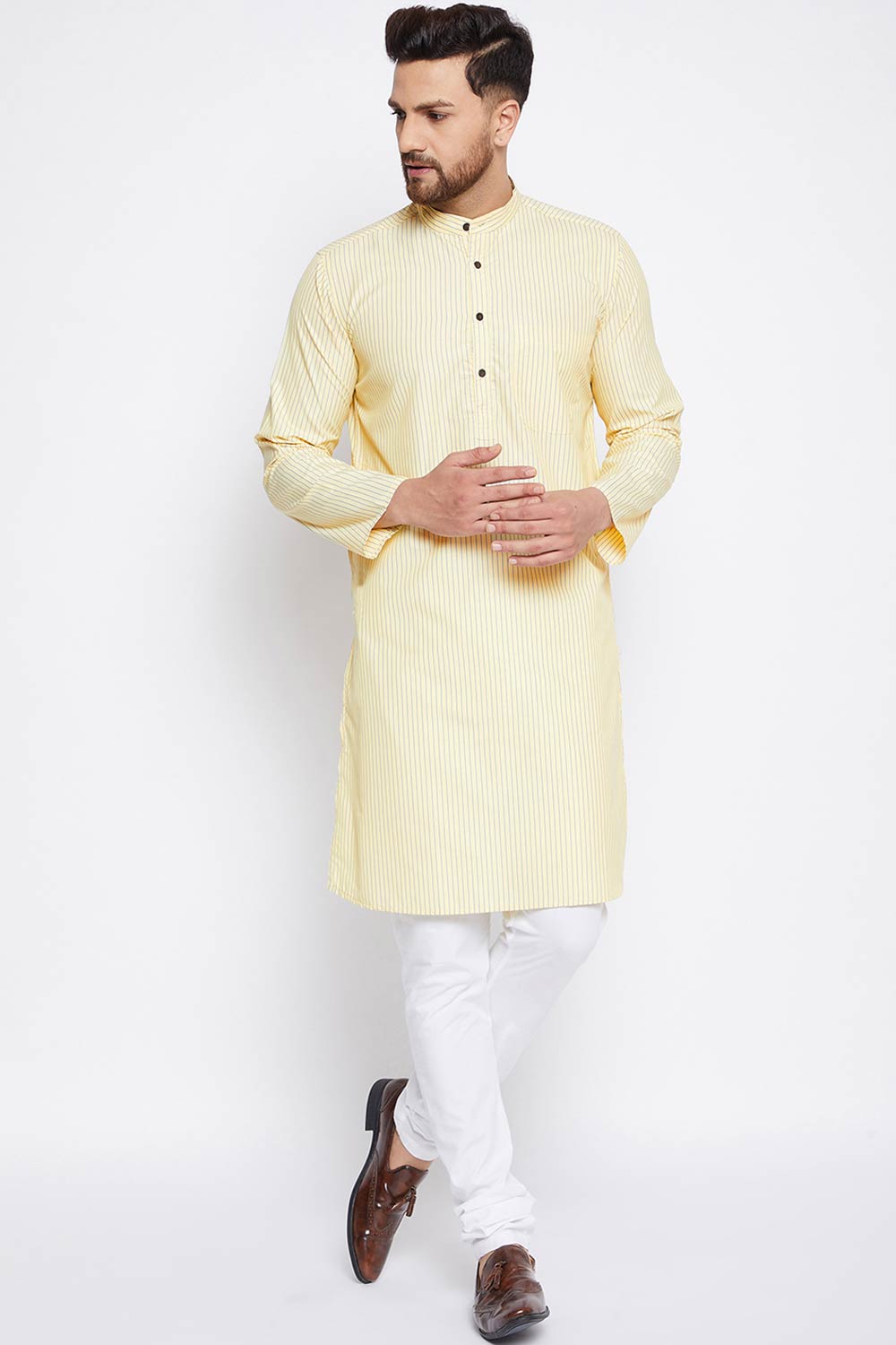 Buy Men's Cotton Stripes Kurta in Yellow Online
