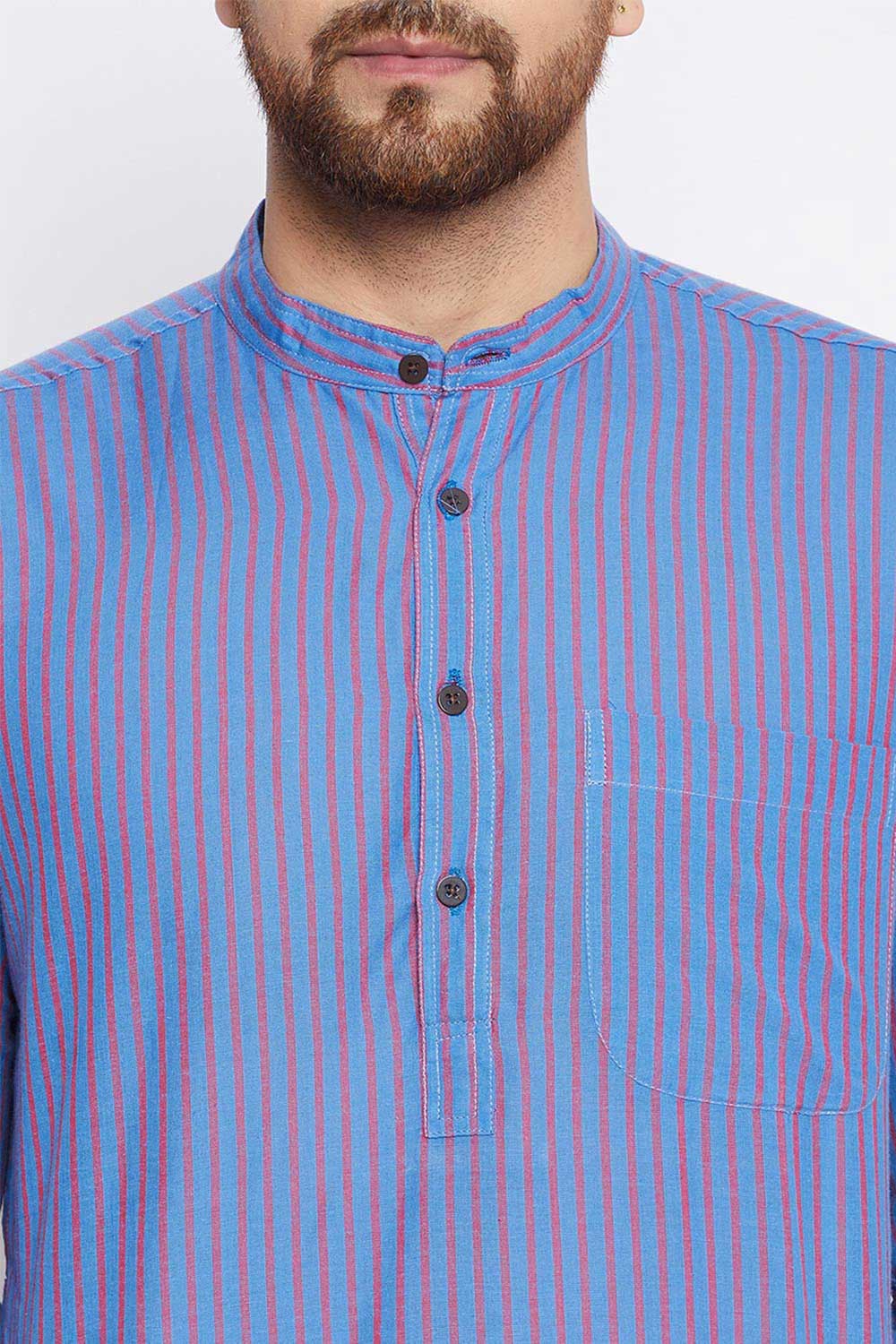 Buy Men's Cotton Stripes Kurta in Blue - Zoom Out