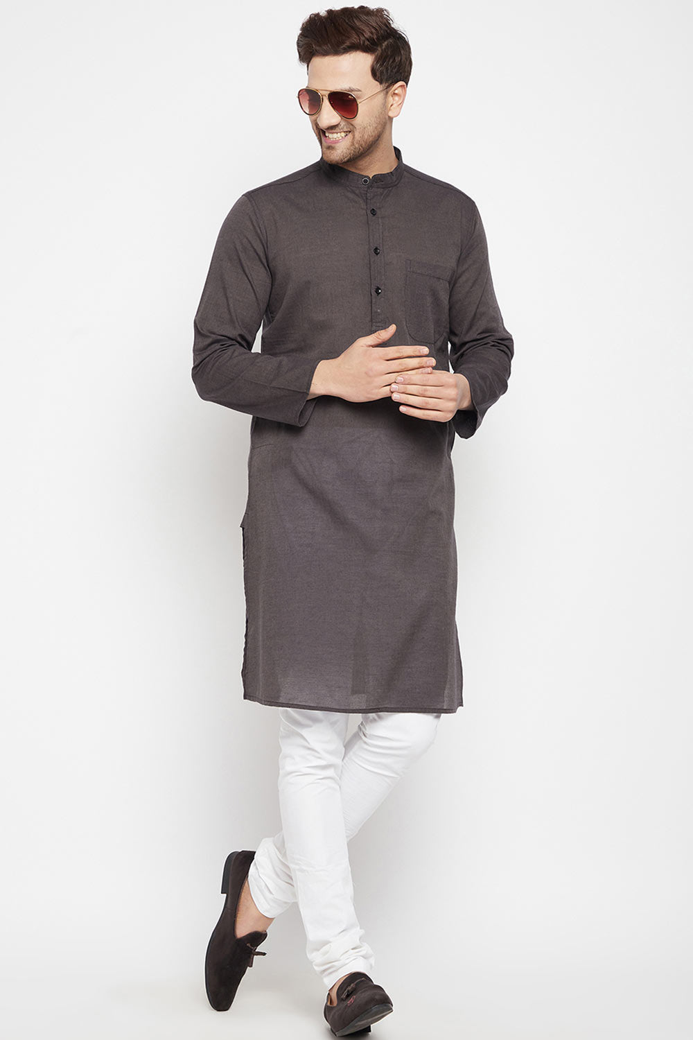 Buy Men's Pure Cotton Solid Kurta in Brown