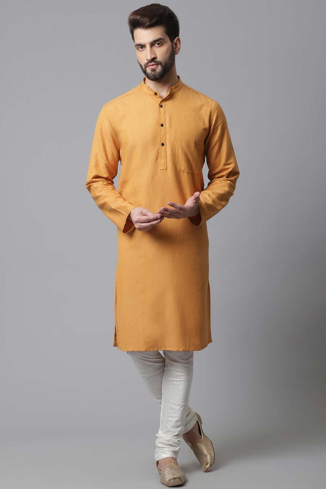 Buy Men's Yellow Cotton Solid Long Kurta Online - KARMAPLACE