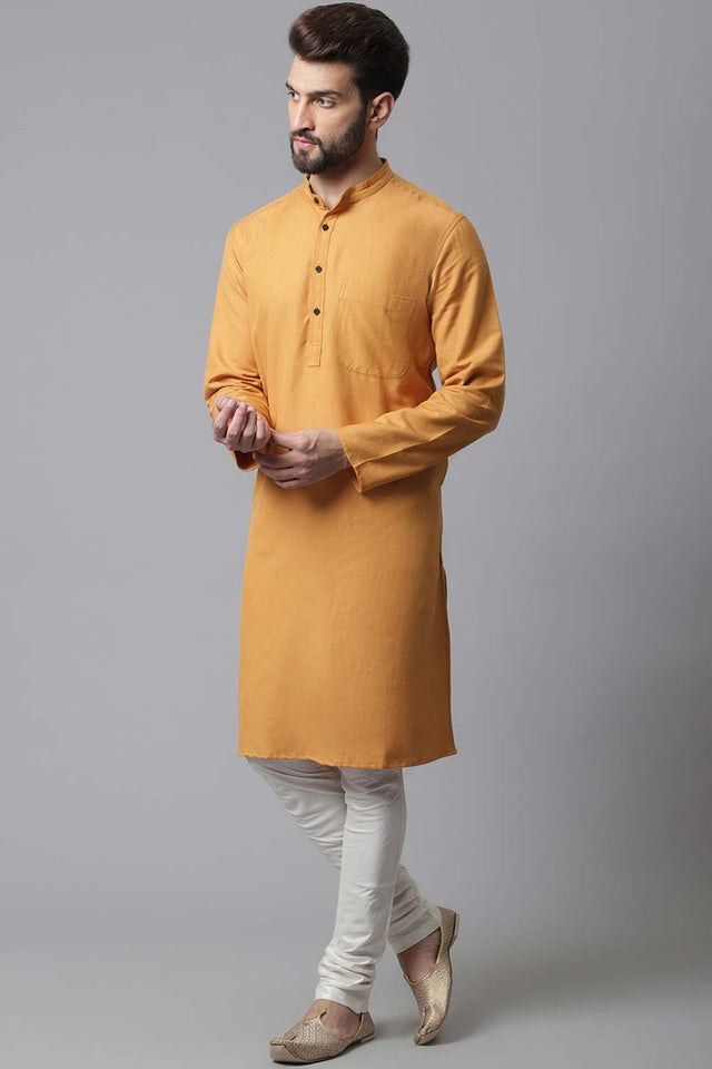 Buy Men's Yellow Cotton Solid Long Kurta Online - KARMAPLACE