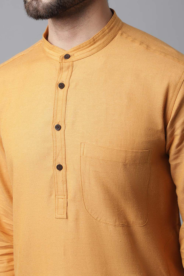 Buy Men's Yellow Cotton Solid Long Kurta Online - KARMAPLACE
