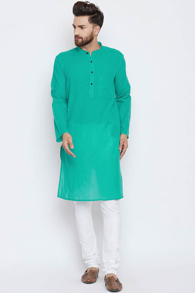 Buy Men's Blended Cotton Solid Kurta in Light Blue