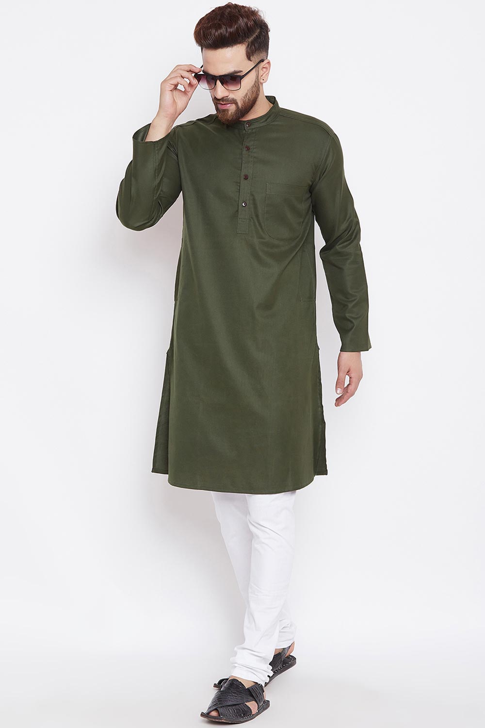 Shop Men's Solid Kurta in Olive Green