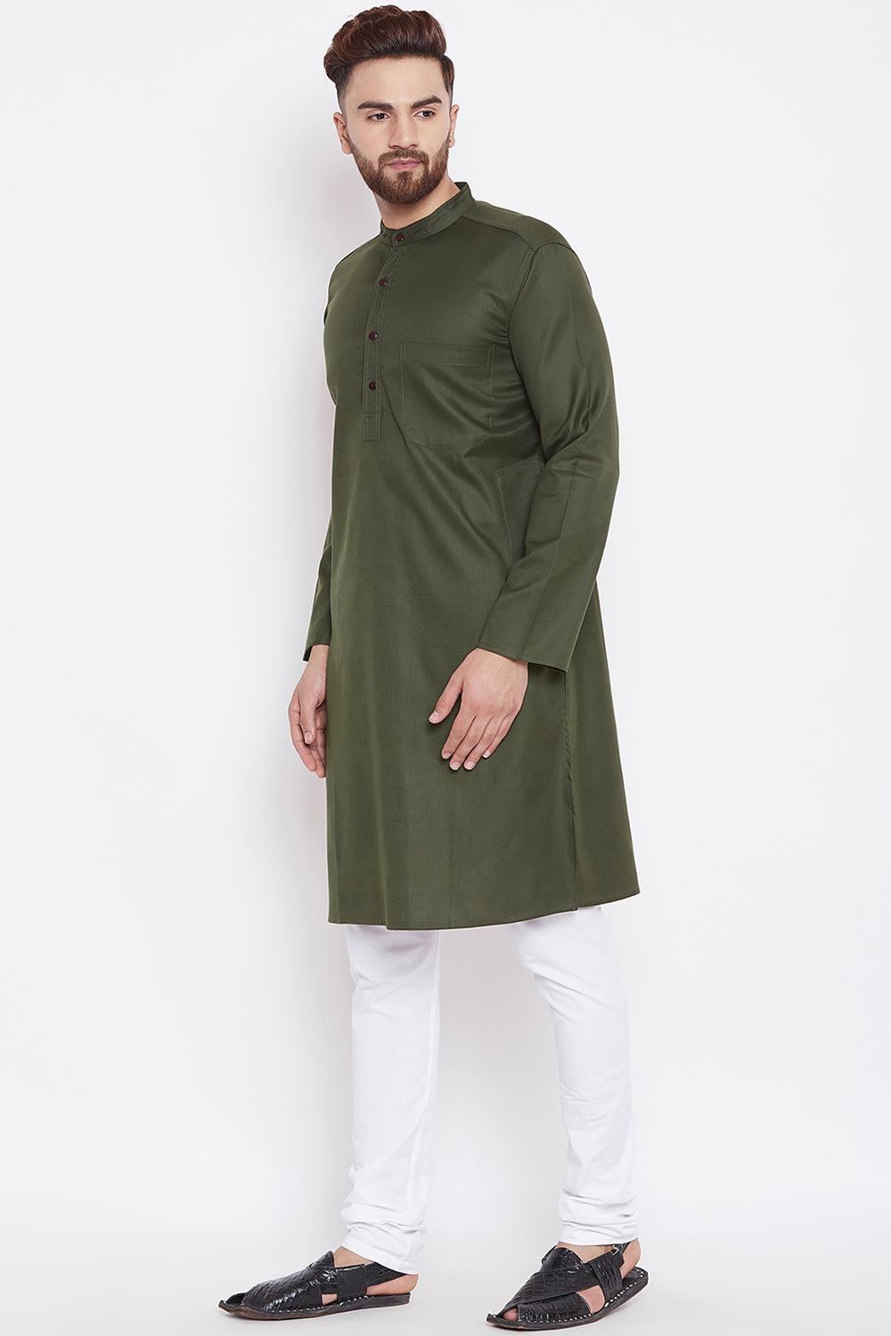 Buy Men's Blended Cotton Kurta in Olive Green