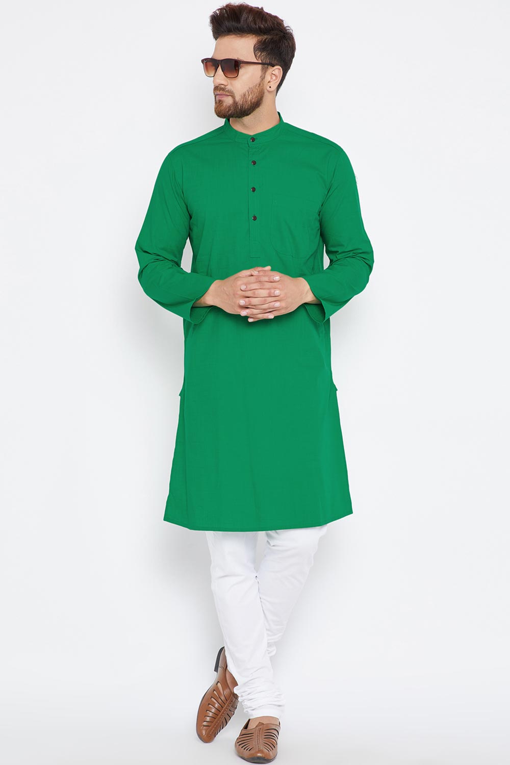 Buy Men's Blended Cotton Solid Kurta in Green