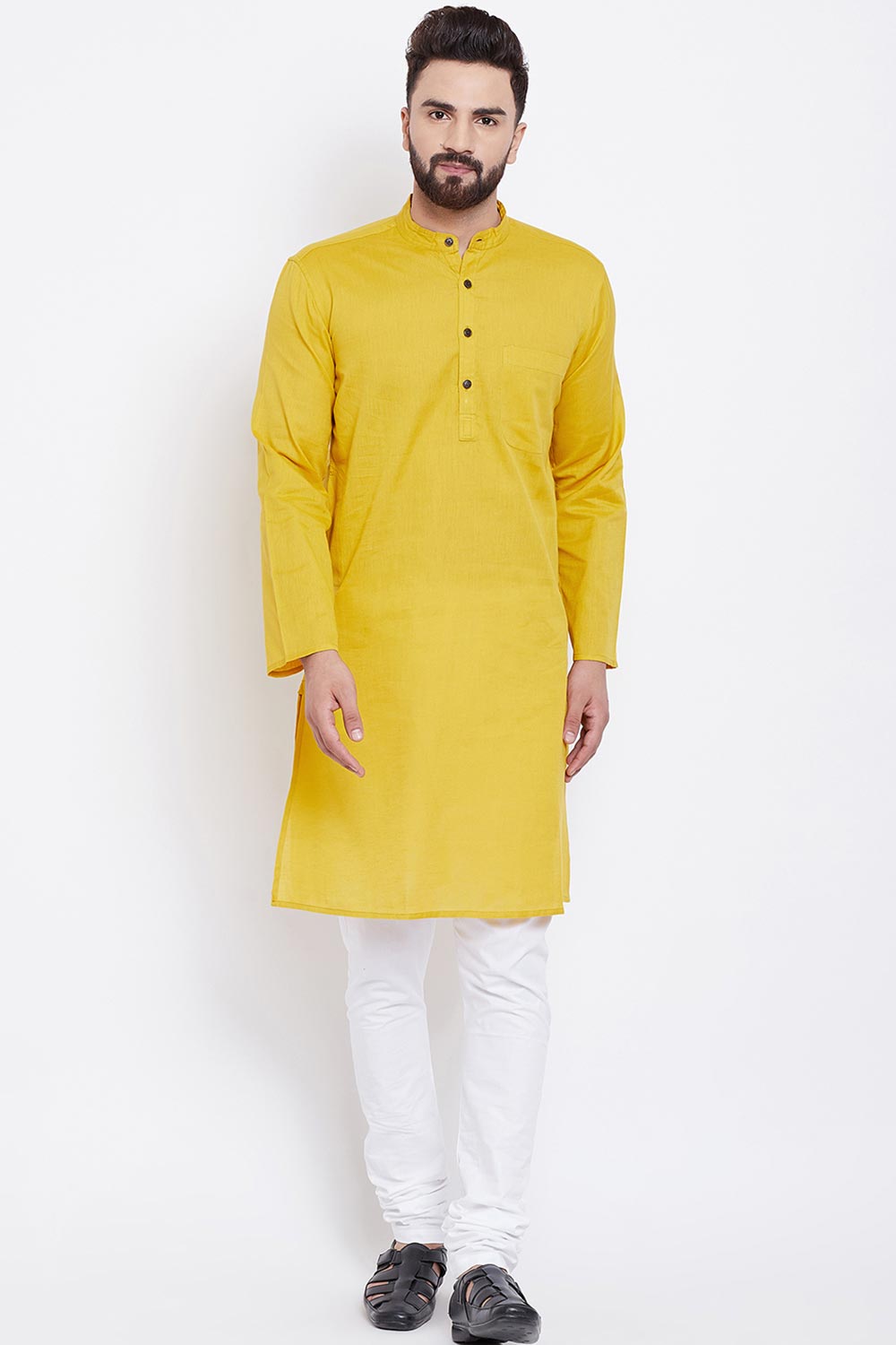 Buy Men's Cotton Solid Kurta in Yellow