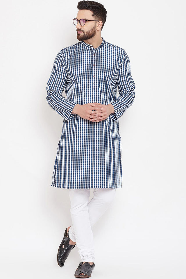 Shop Men's Checks Print Kurta in Blue