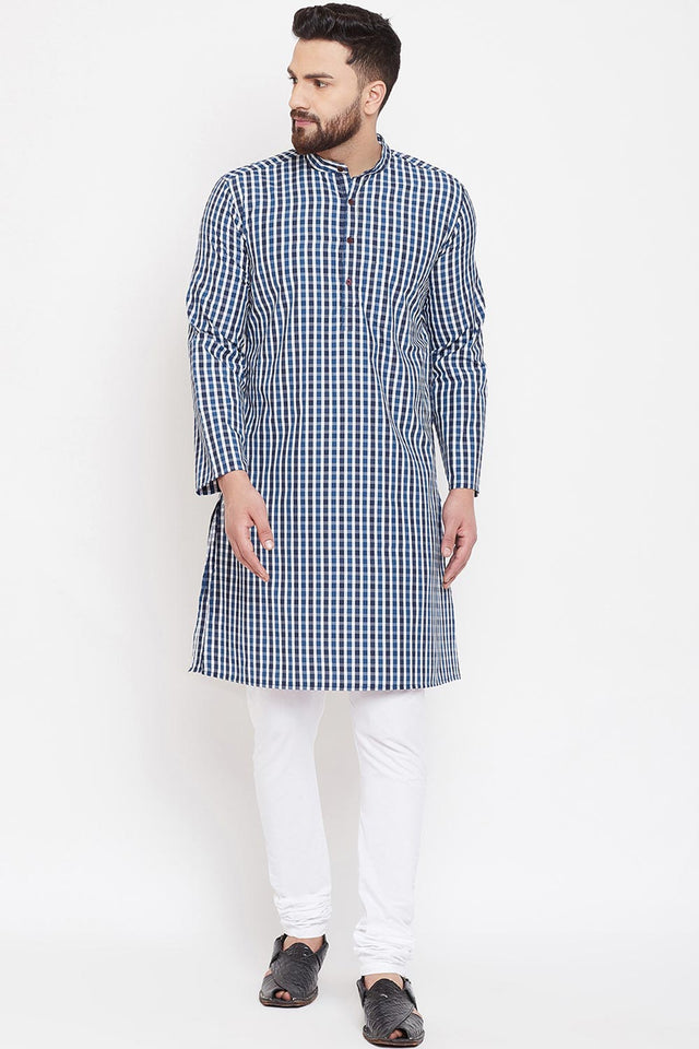 Buy Men's Blended Cotton Checks Print Kurta in Blue