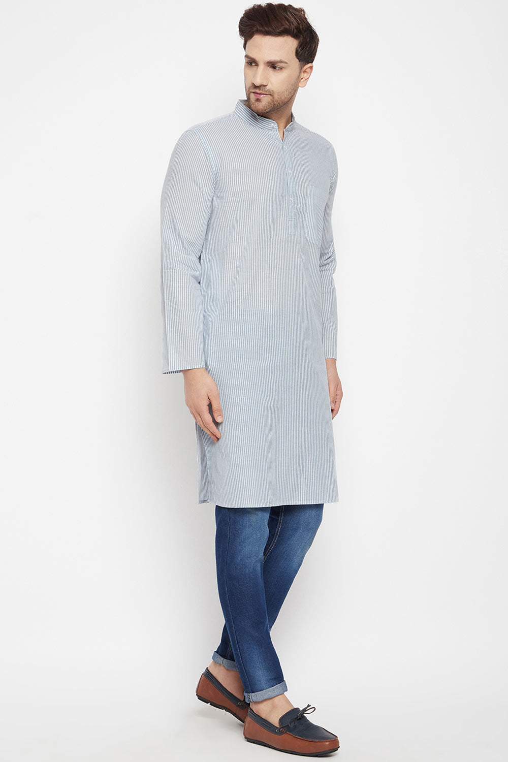 Buy Men's Pure Cotton Stripes Kurta in Grey