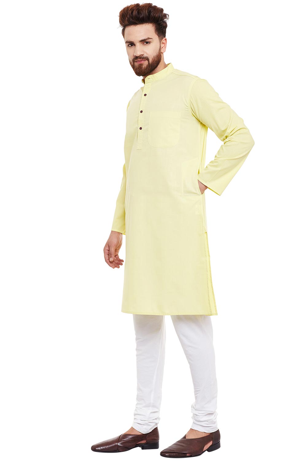 Buy Men's Cotton Kurta in Light Yellow