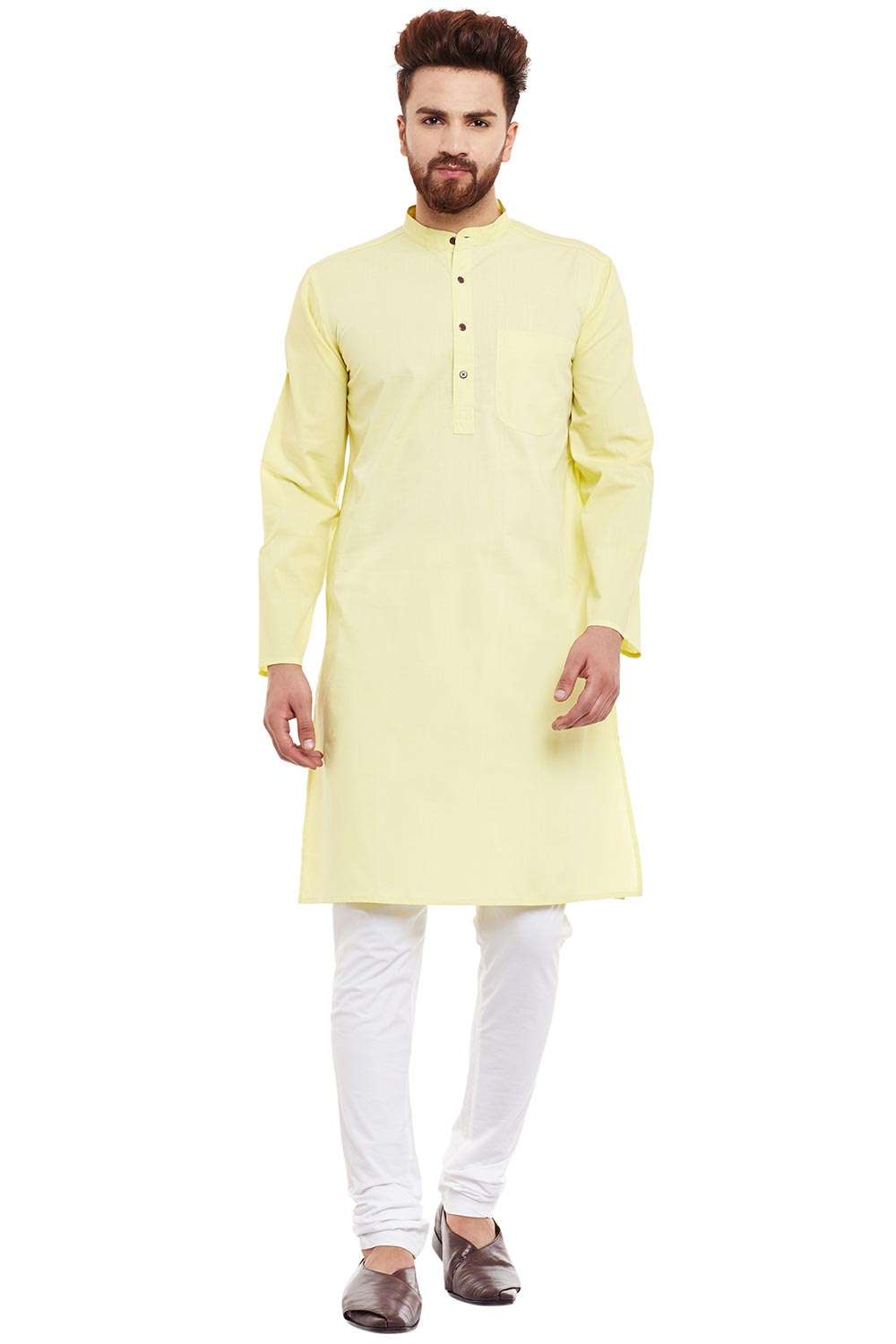 Buy Men's Cotton Solid Kurta in Light Yellow