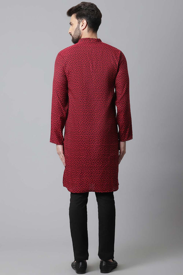 Buy Men's Maroon Cotton Block Print Long Kurta Online - KARMAPLACE