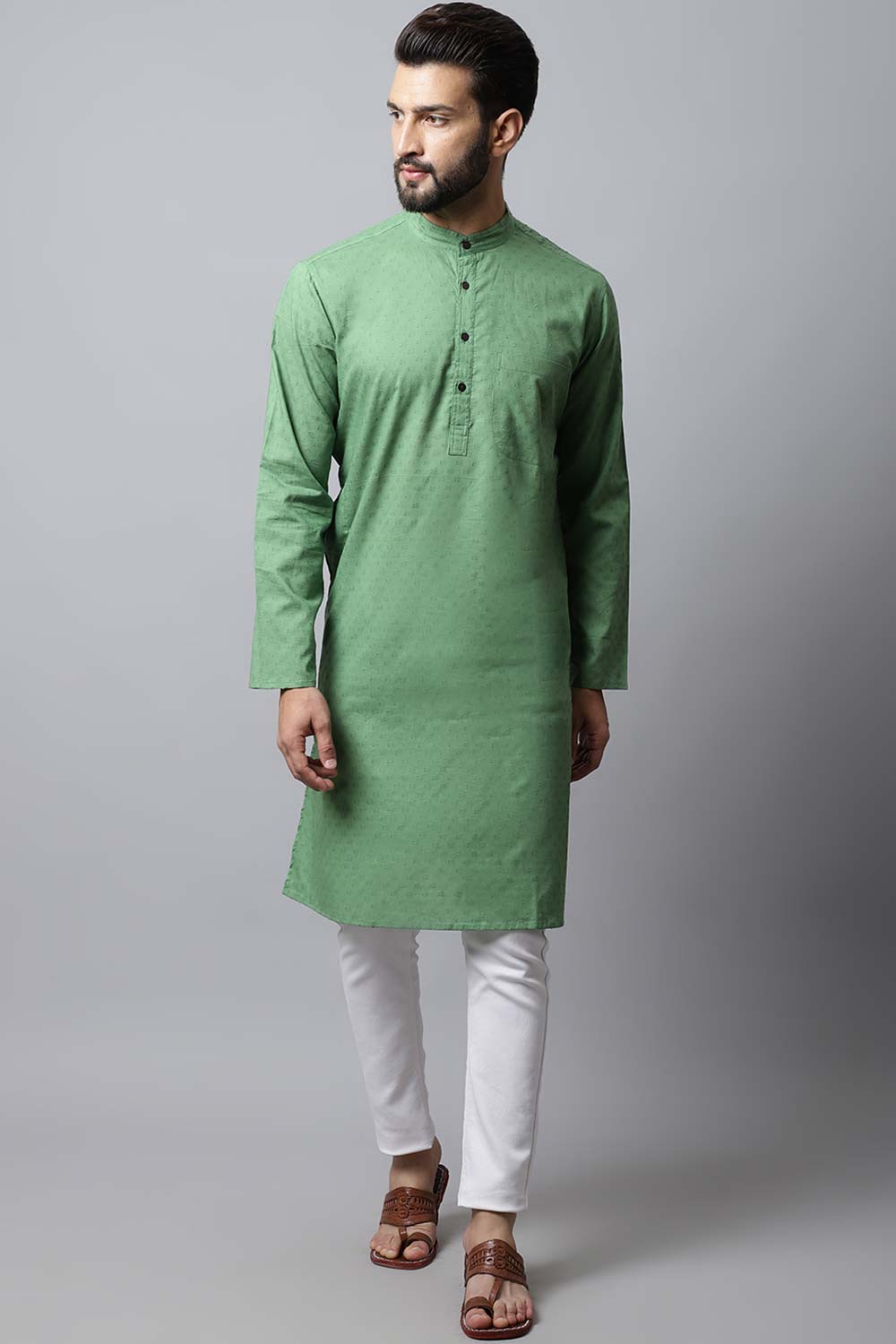 Men's Light Green Self-Design Full Sleeve Kurta Top