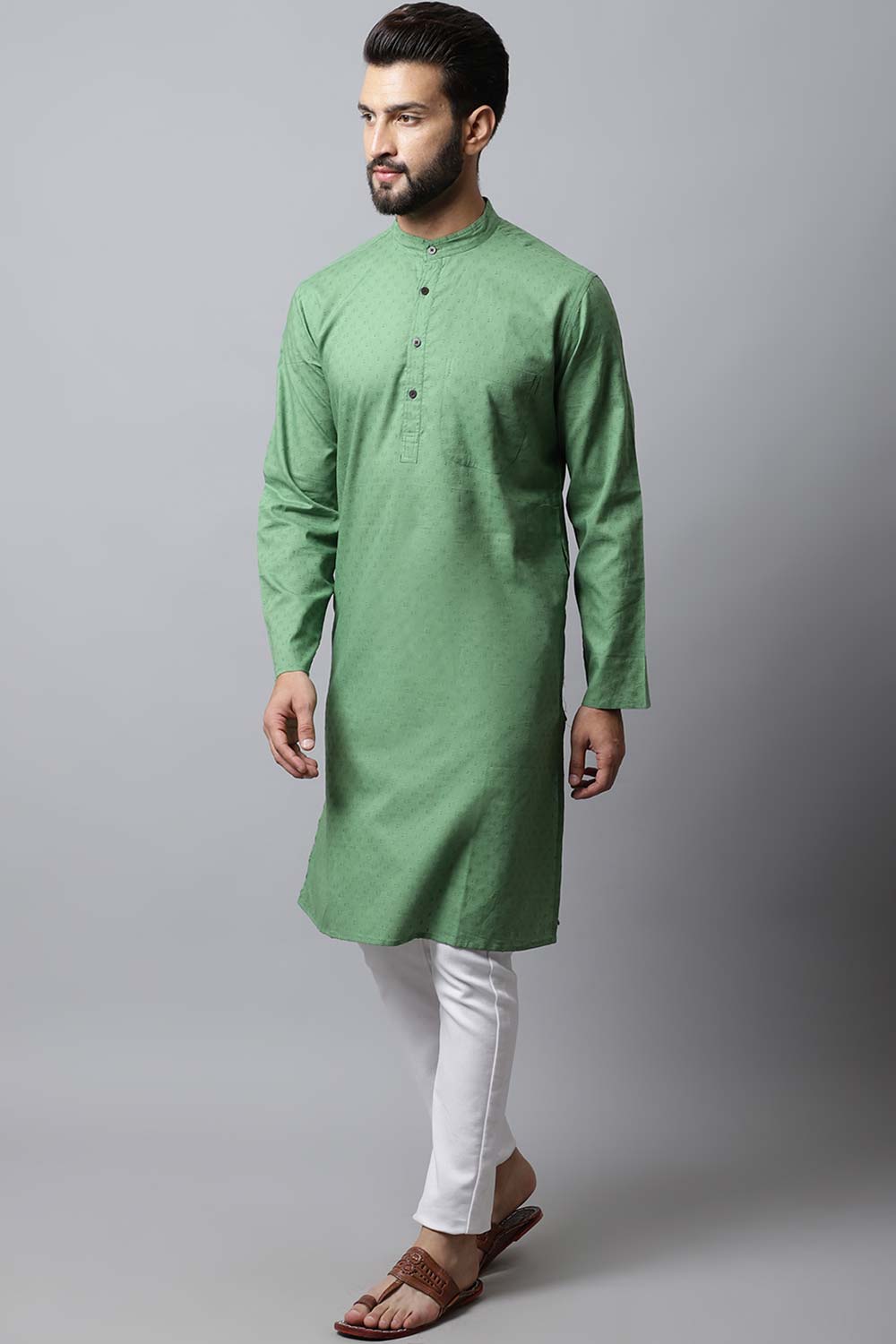 Men's Light Green Self-Design Full Sleeve Kurta Top