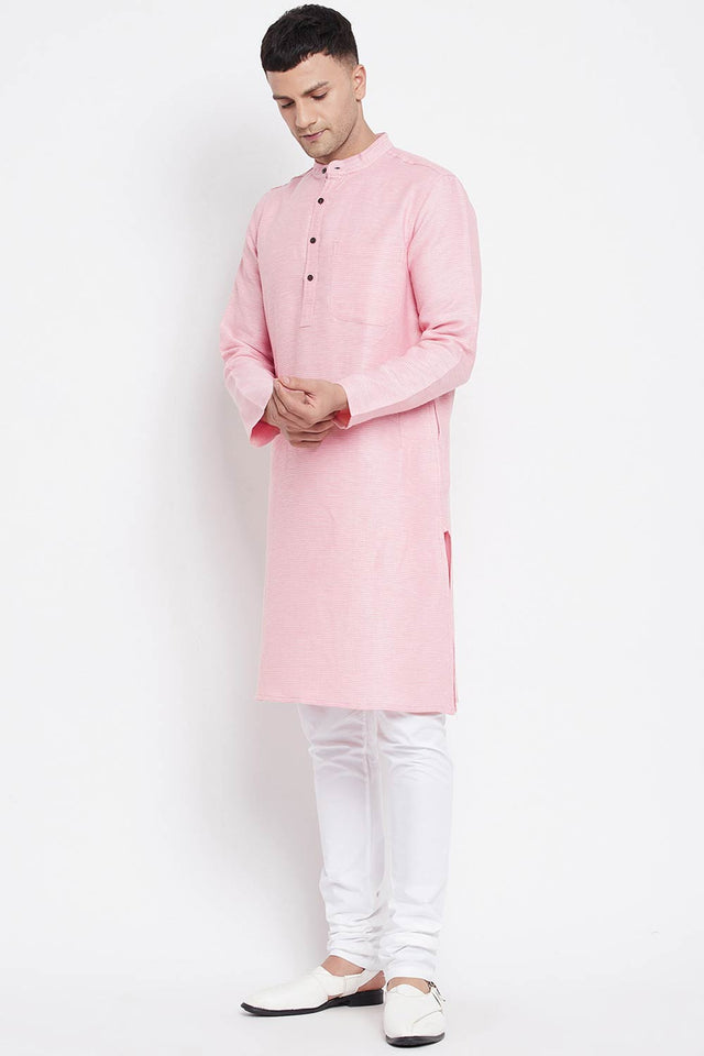 Buy Men's Pure Cotton Stripe Printed Long Kurta in Light Pink - Back
